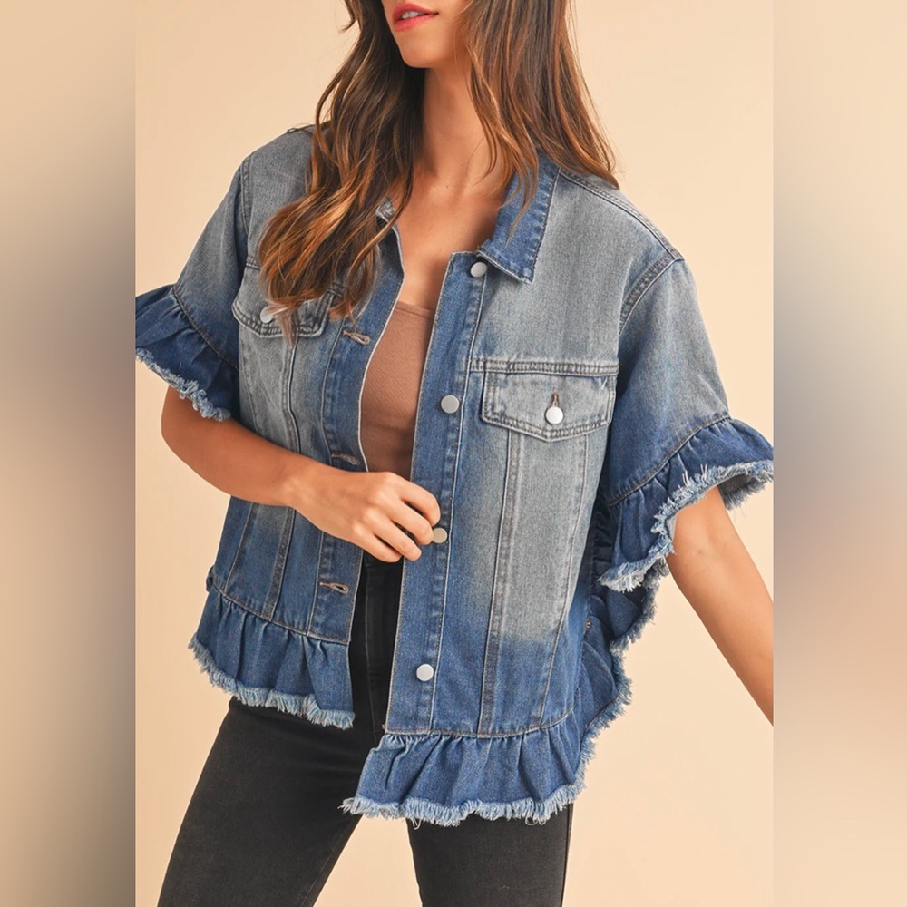 Women's Blue Denim Jean Jacket with Ruffle Trim
